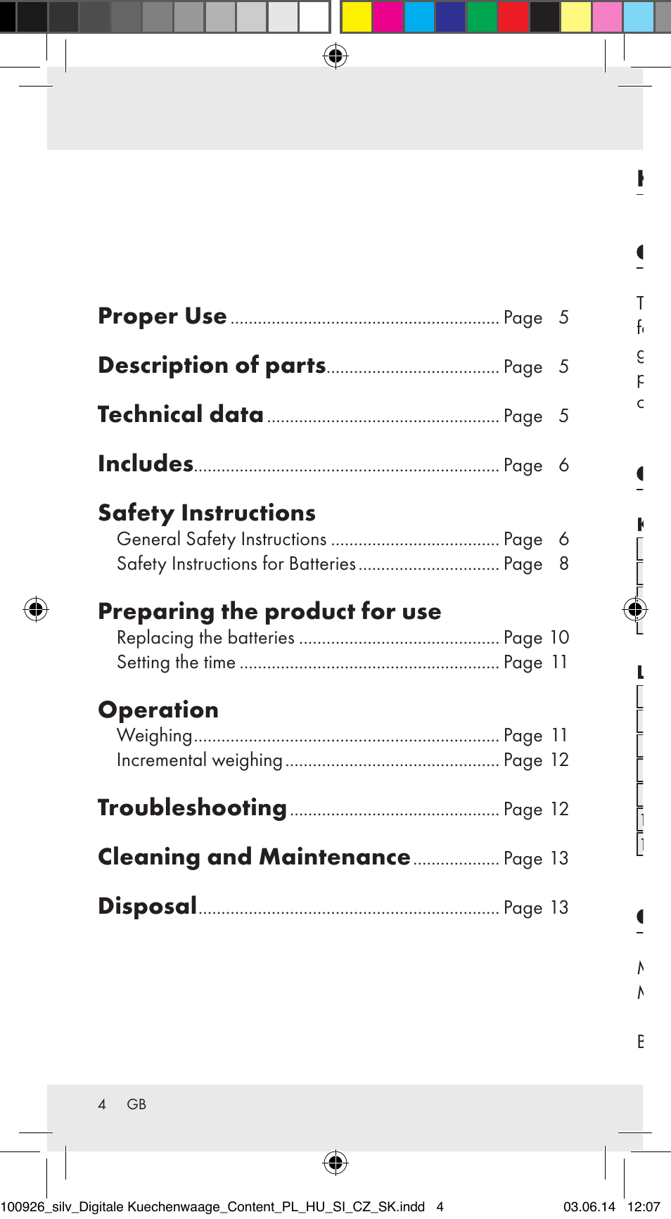 Proper use, Description of parts, Technical data | Includes, Safety instructions, Preparing the product for use, Operation, Troubleshooting, Cleaning and maintenance, Disposal | Silvercrest 100926-14-01/100926-14-03/Z31622B User Manual | Page 4 / 85