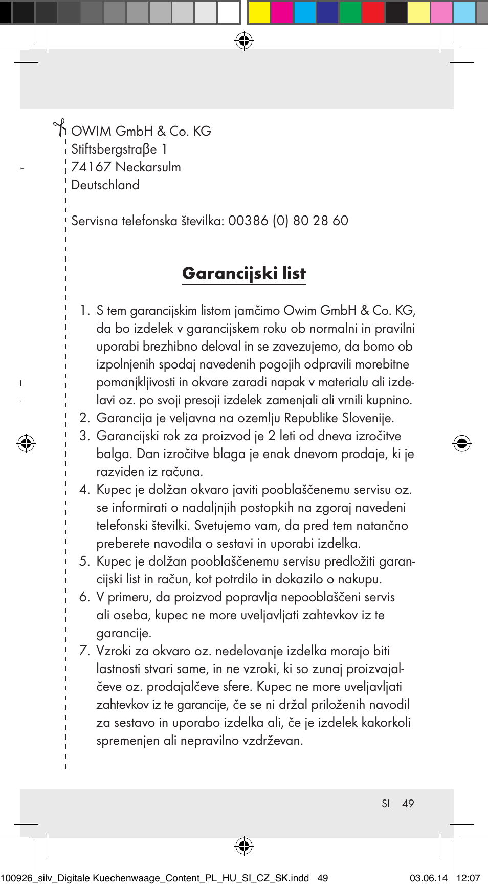 Garancijski list | Silvercrest 100926-14-01/100926-14-03/Z31622B User Manual | Page 49 / 85