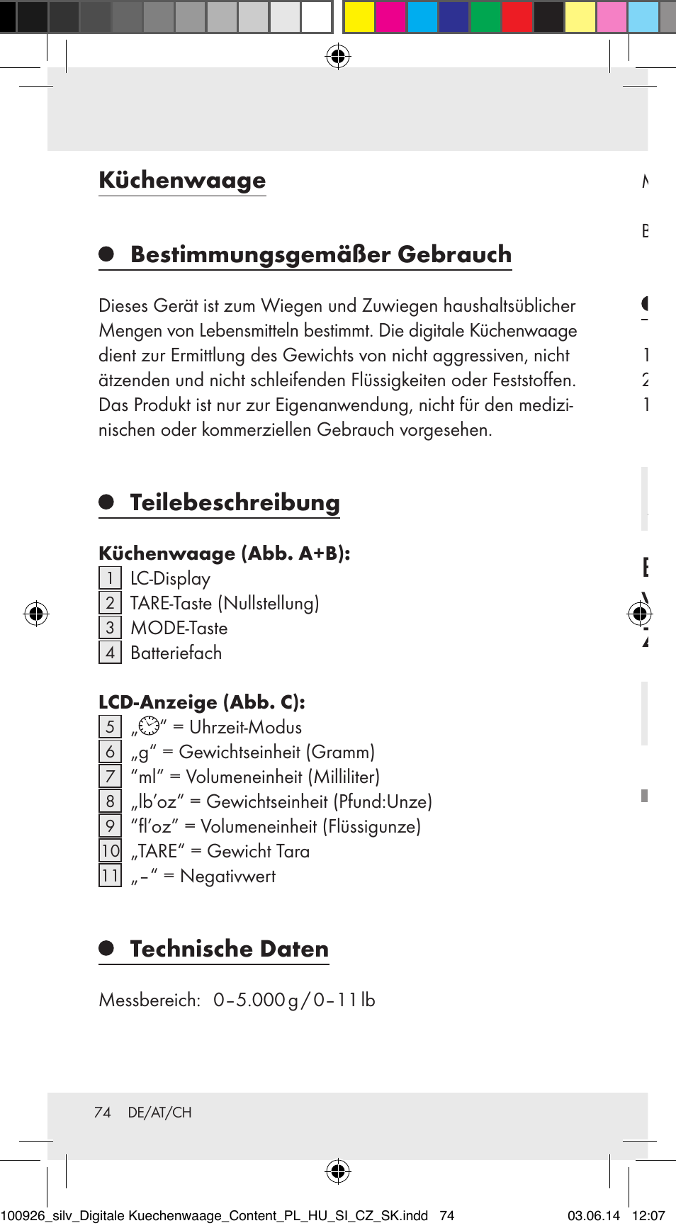 Küchenwaage bestimmungsgemäßer gebrauch, Teilebeschreibung, Technische daten | Lieferumfang | Silvercrest 100926-14-01/100926-14-03/Z31622B User Manual | Page 74 / 85