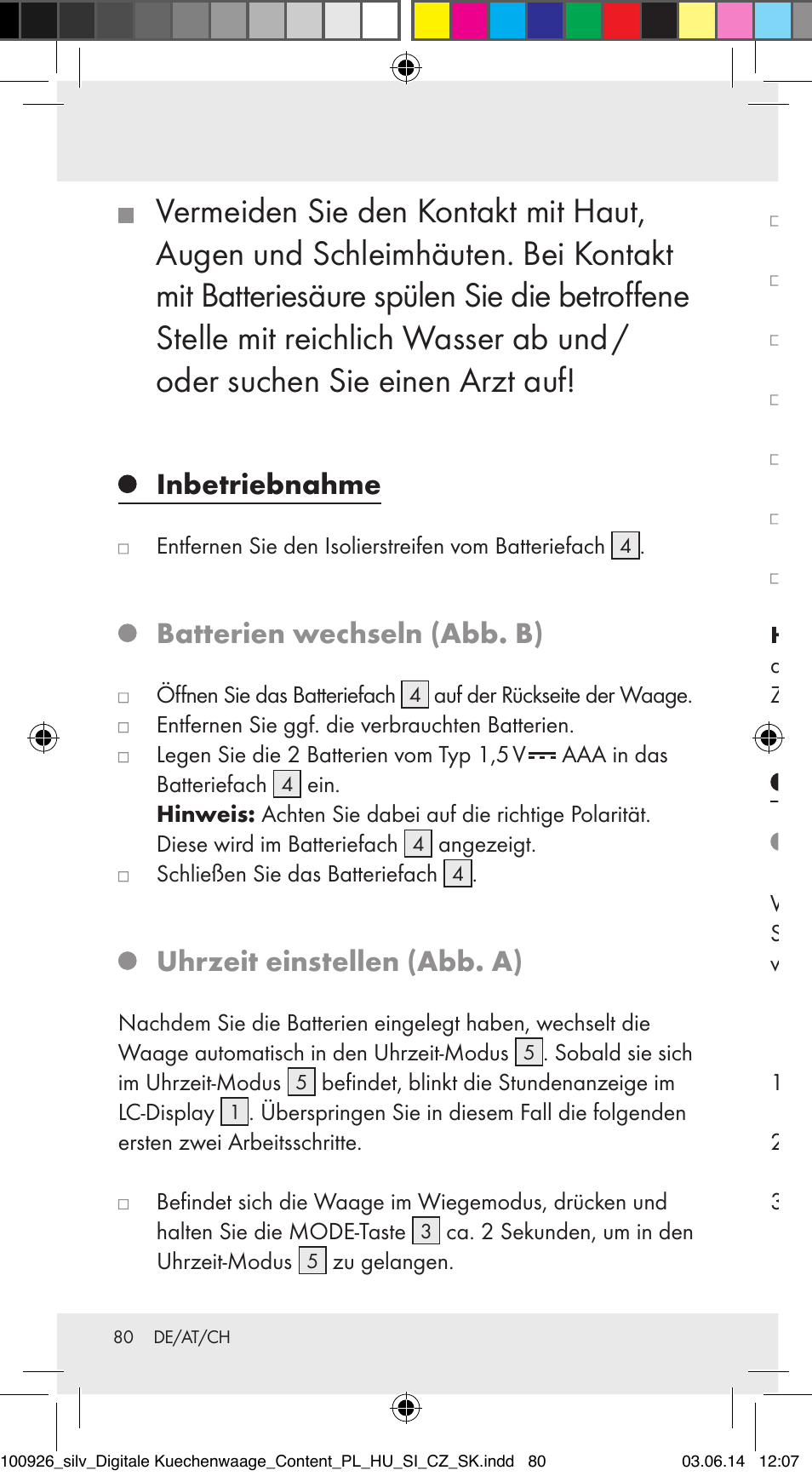 Inbetriebnahme, Batterien wechseln (abb. b), Uhrzeit einstellen (abb. a) | Bedienung wiegen (abb. a) | Silvercrest 100926-14-01/100926-14-03/Z31622B User Manual | Page 80 / 85