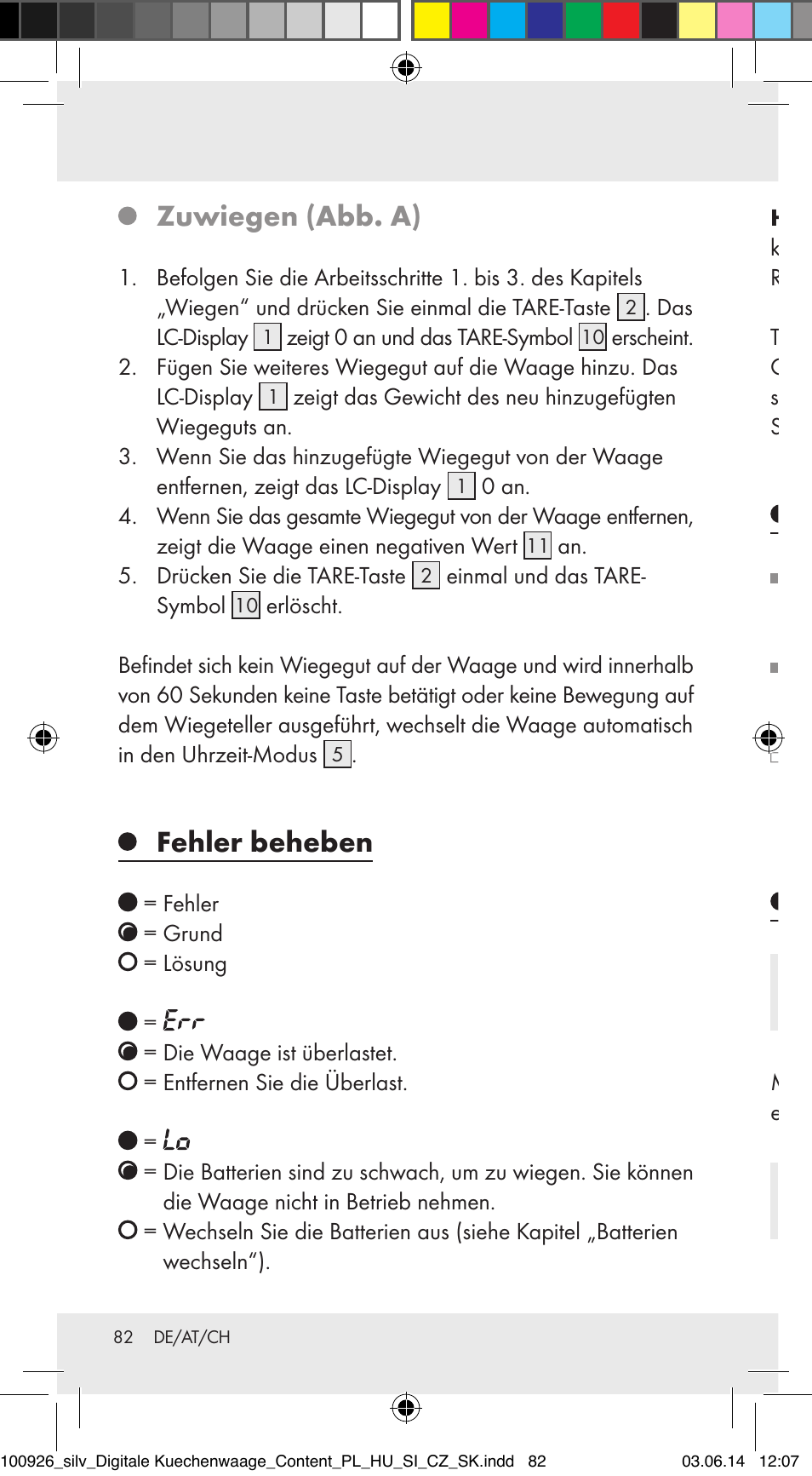 Zuwiegen (abb. a), Fehler beheben, Reinigung und pflege | Entsorgung | Silvercrest 100926-14-01/100926-14-03/Z31622B User Manual | Page 82 / 85