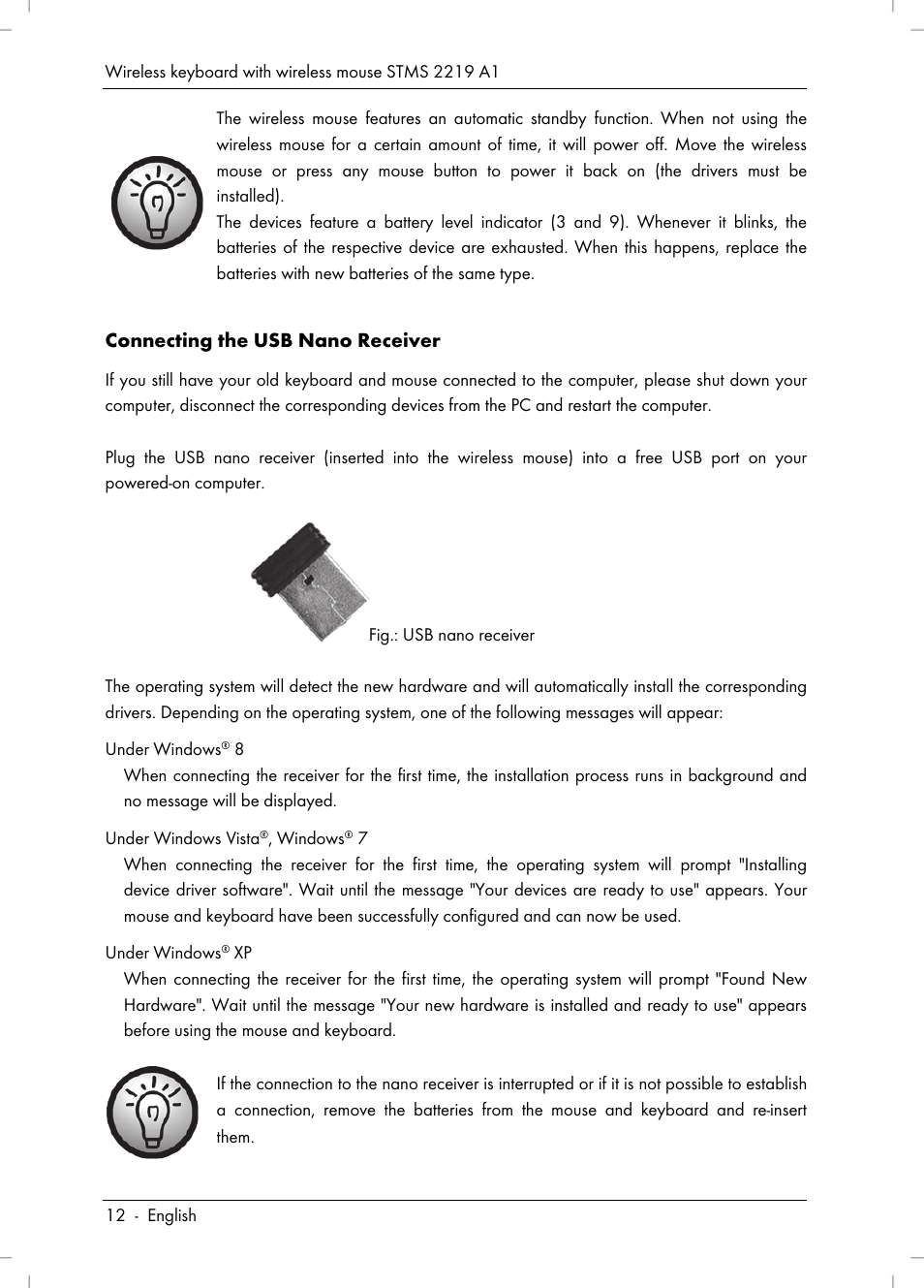 Connecting the usb nano receiver | Silvercrest STMS 2219 A1 User Manual | Page 14 / 88