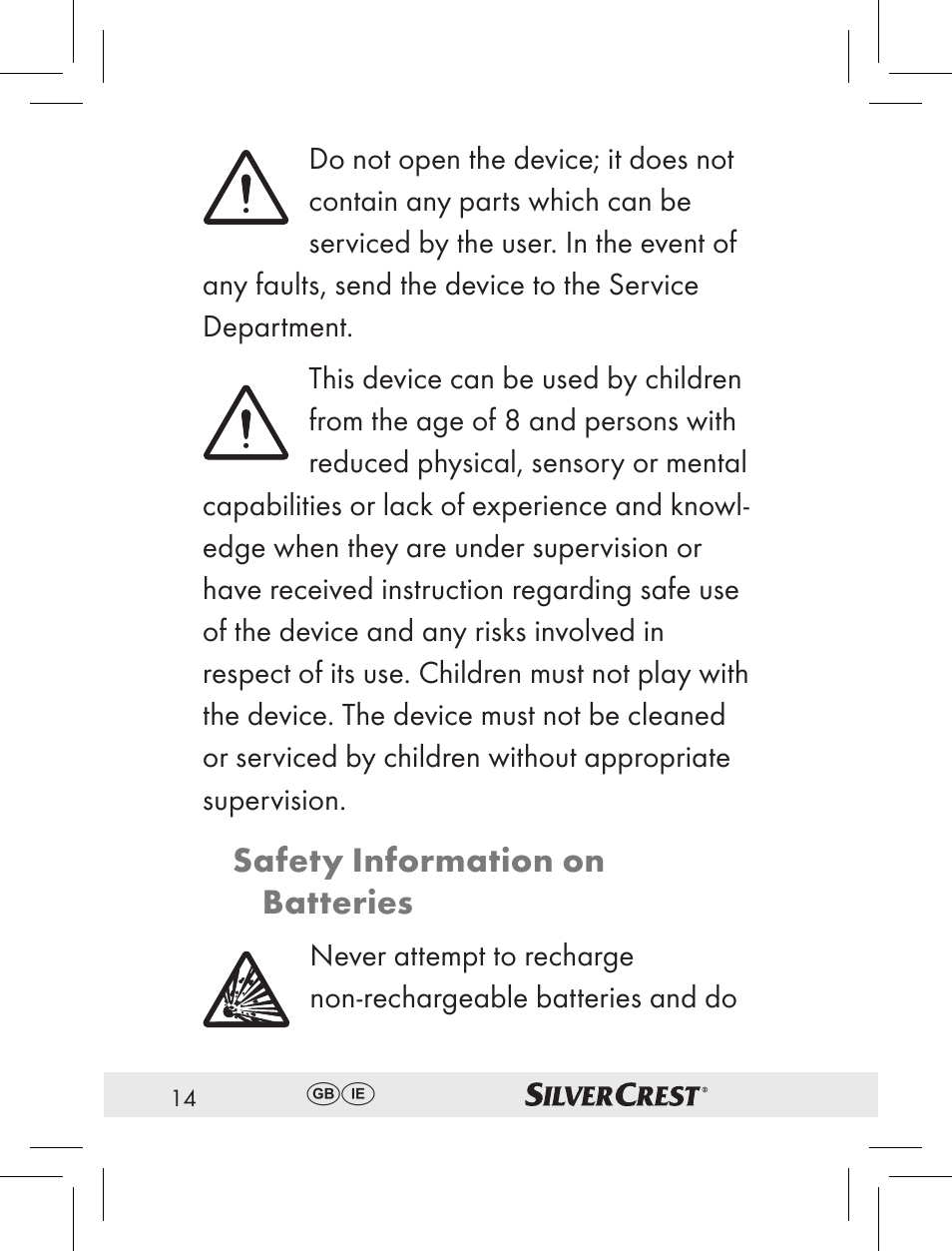 Safety information on batteries | Silvercrest RT2000 User Manual | Page 12 / 44