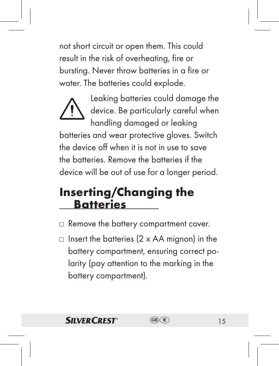 Inserting/changing the batteries | Silvercrest RT2000 User Manual | Page 13 / 44