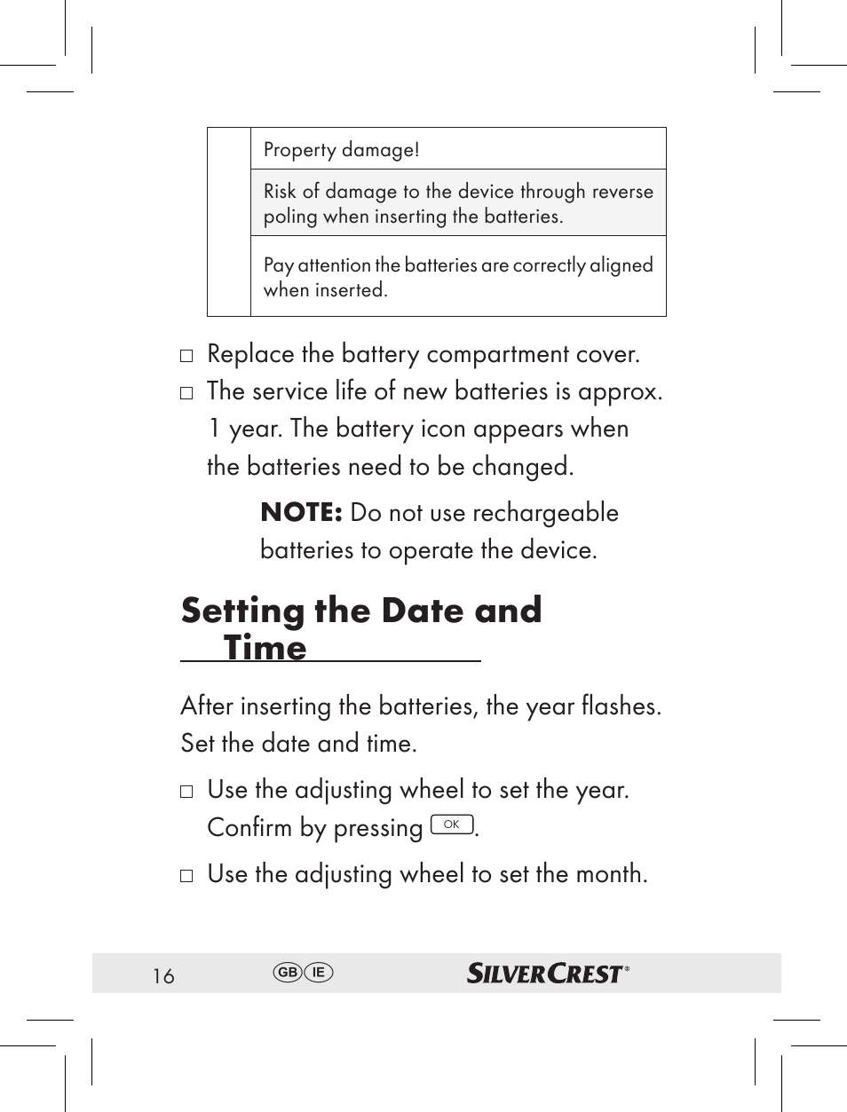 Setting the date and time, Replace the battery compartment cover, Use the adjusting wheel to set the month | Silvercrest RT2000 User Manual | Page 14 / 44