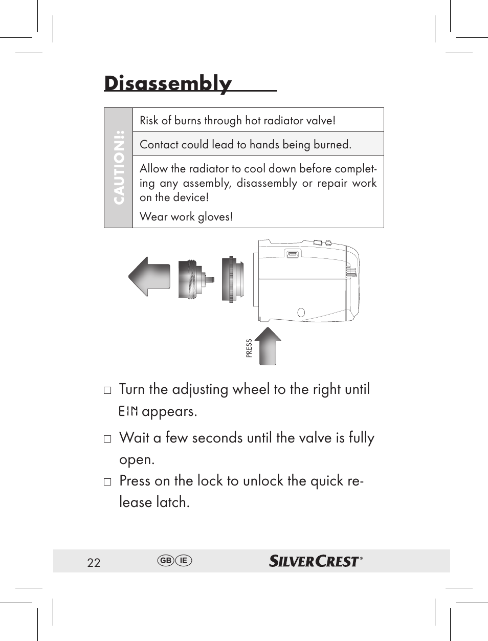 Disassembly, Wait a few seconds until the valve is fully open | Silvercrest RT2000 User Manual | Page 20 / 44
