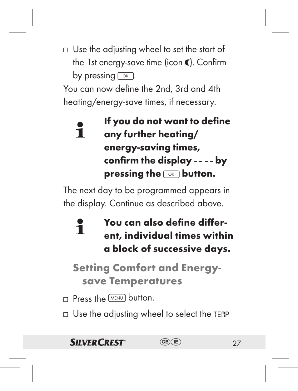 Setting comfort and energy- save temperatures, Press the, Button | Use the adjusting wheel to select the | Silvercrest RT2000 User Manual | Page 25 / 44