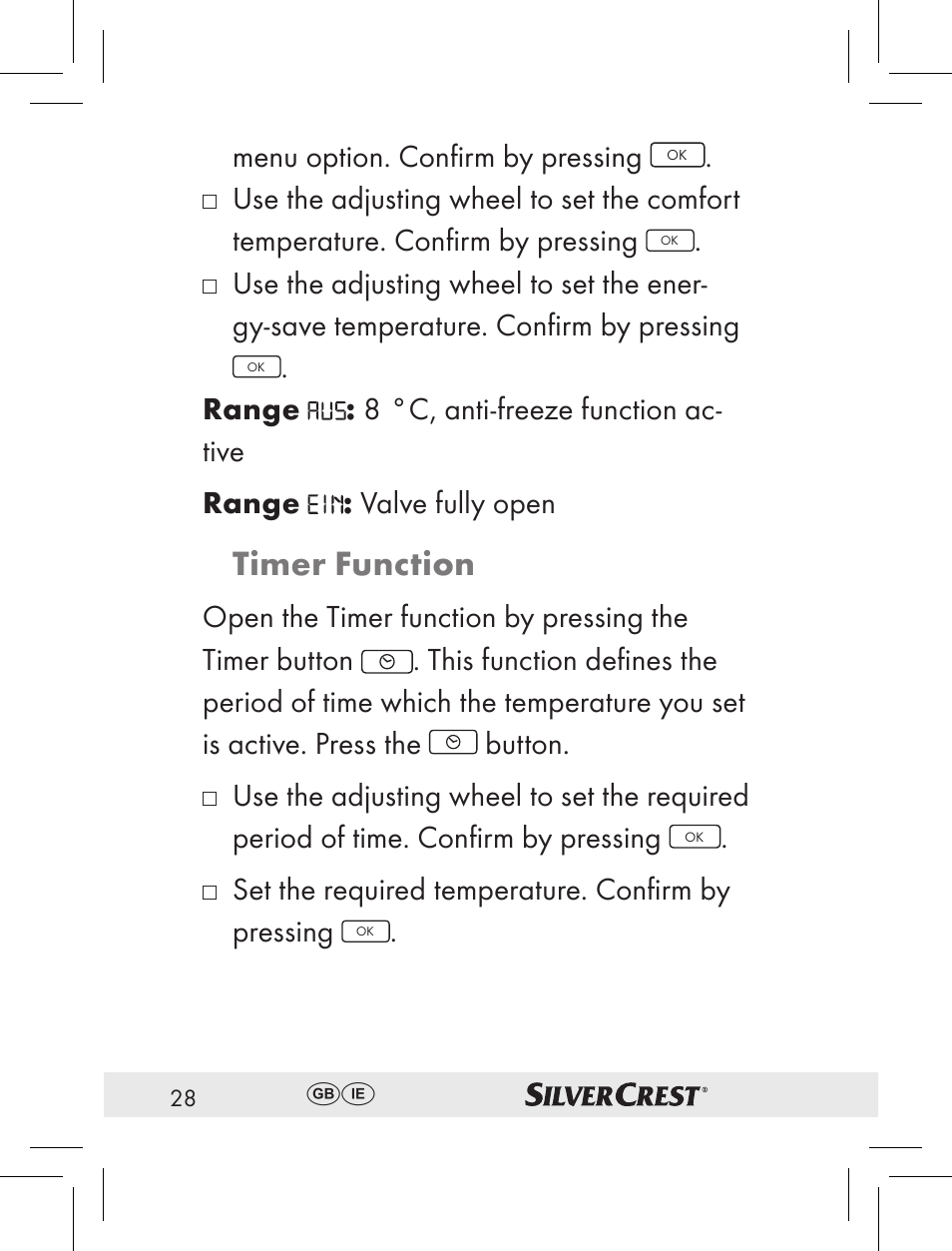Timer function, Menuoption.confirmbypressing, Settherequiredtemperature.confirmby pressing | Silvercrest RT2000 User Manual | Page 26 / 44