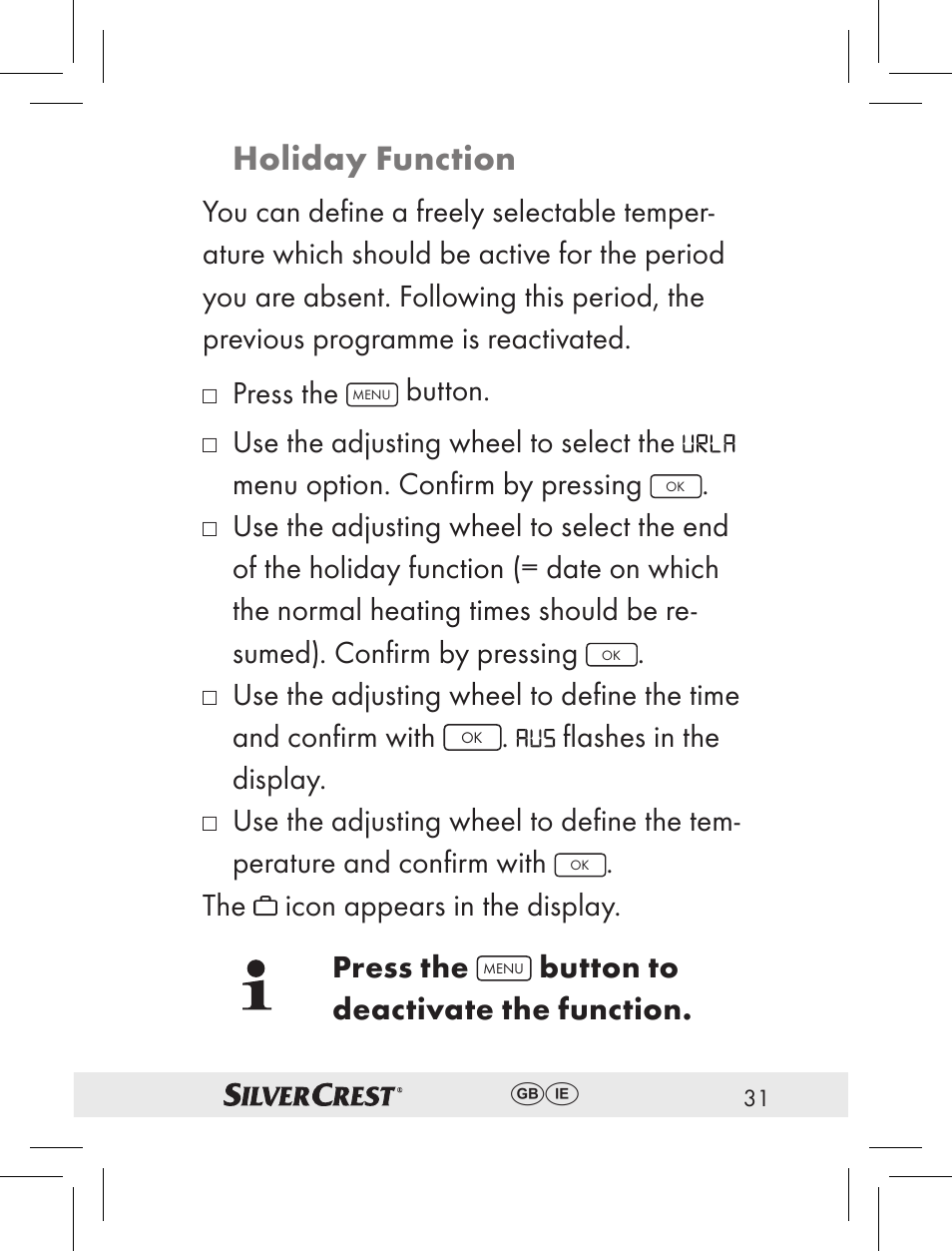 Holiday function, Press the, Button | Flashesinthe display, The icon appears in the display. press the, Button to deactivate the function | Silvercrest RT2000 User Manual | Page 29 / 44