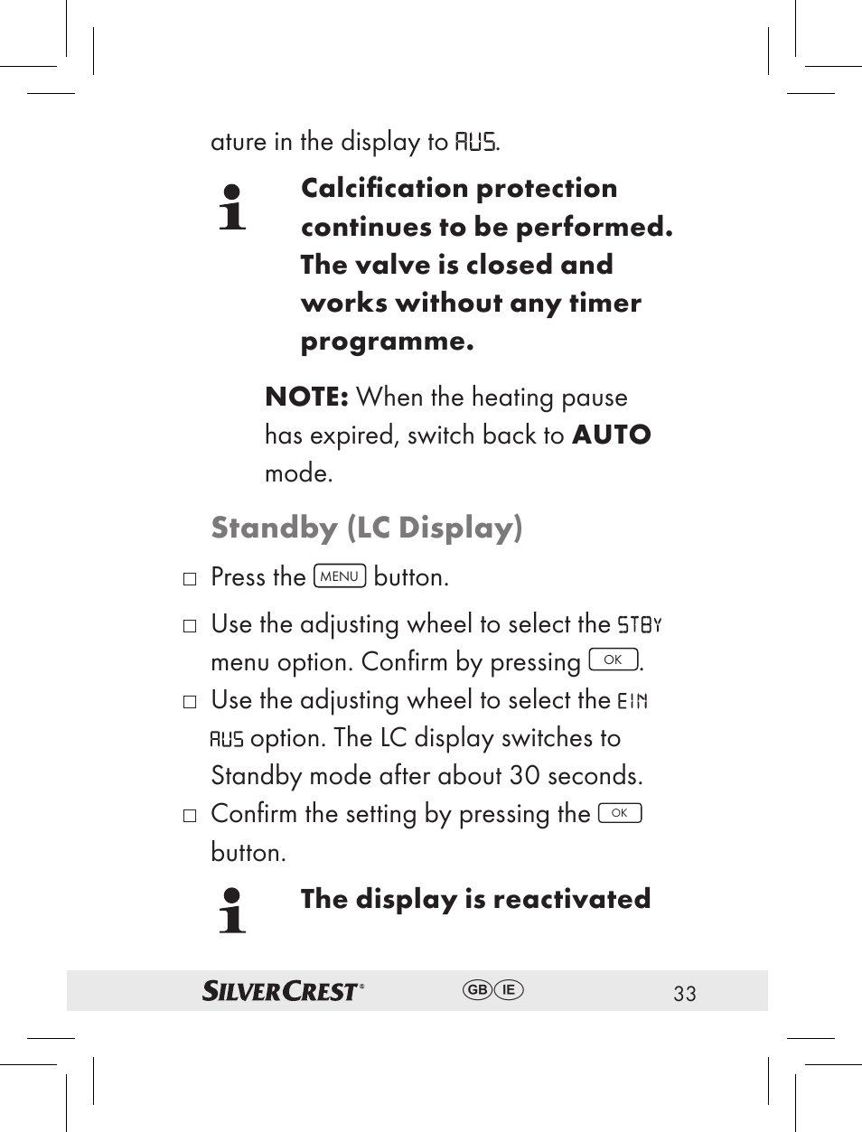 Standby (lc display), Press the, Button | Confirmthesettingbypressingthe, Button. the display is reactivated | Silvercrest RT2000 User Manual | Page 31 / 44