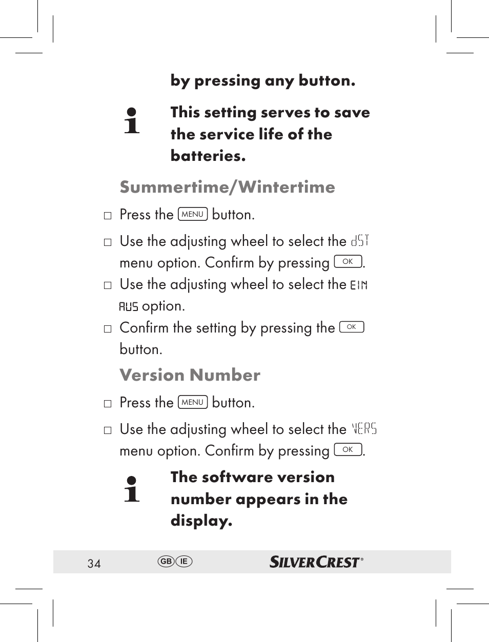 Summertime/wintertime, Version number, Press the | Button, Use the adjusting wheel to select the option, Confirmthesettingbypressingthe, The software version number appears in the display | Silvercrest RT2000 User Manual | Page 32 / 44