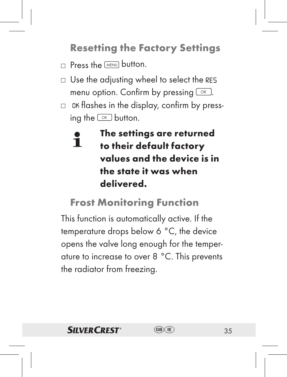 Resetting the factory settings, Frost monitoring function, Press the | Button, Flashesinthedisplay,confirmbypress- ing the | Silvercrest RT2000 User Manual | Page 33 / 44