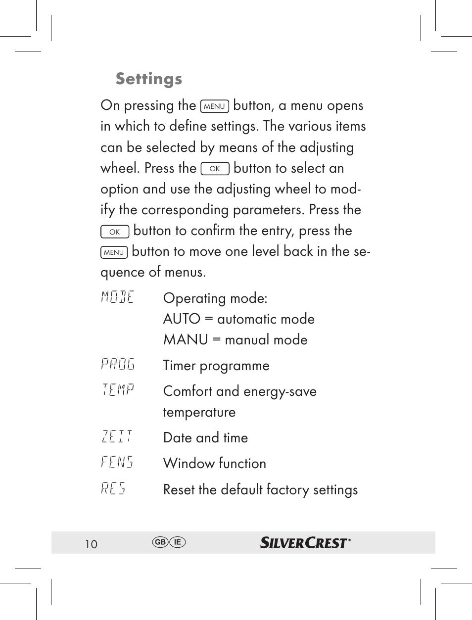 Settings, Mode, Prog | Temp, Zeit, Fens | Silvercrest RT2000 User Manual | Page 8 / 44