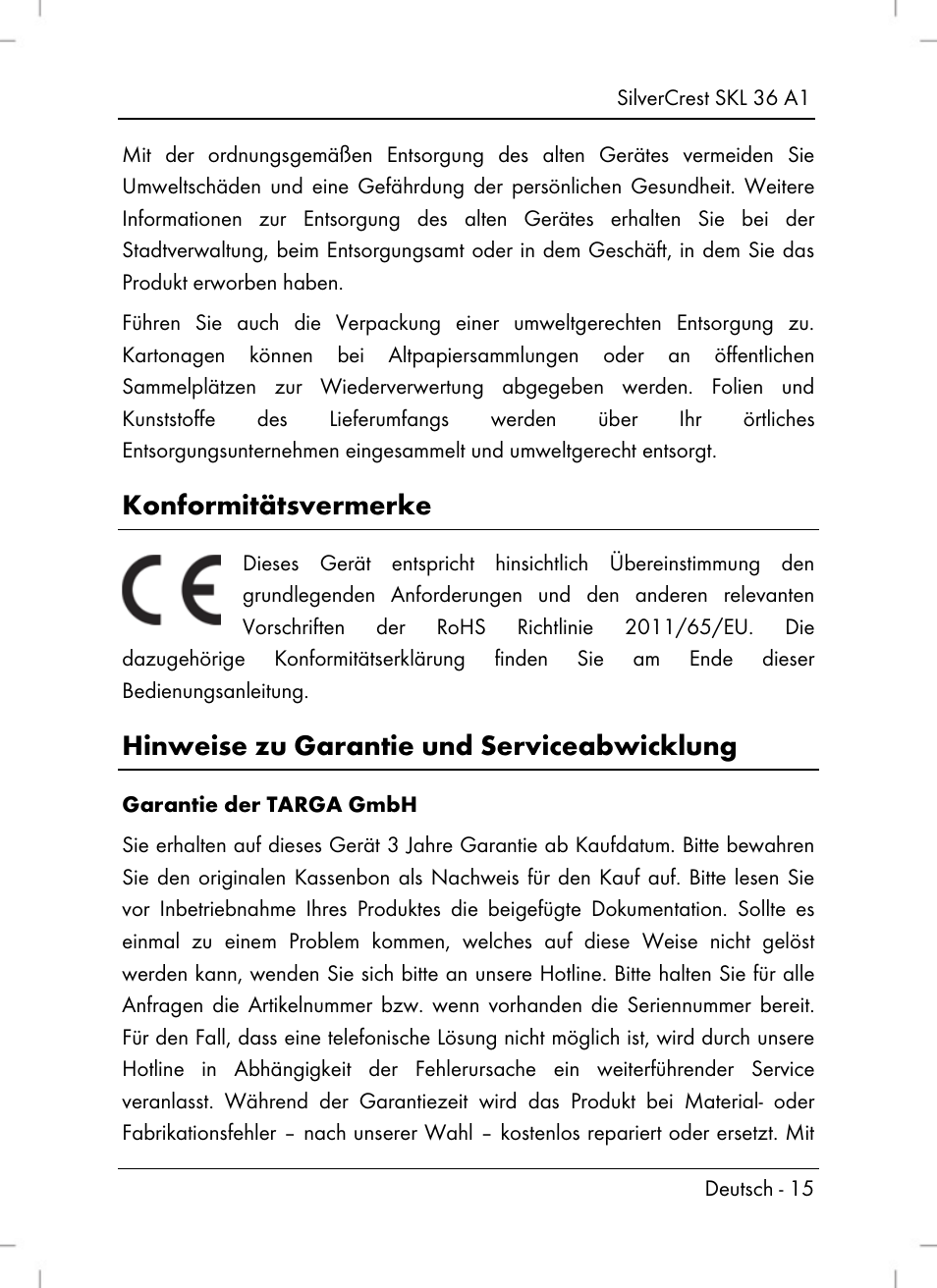 Konformitätsvermerke, Hinweise zu garantie und serviceabwicklung | Silvercrest SKL 36 A1 User Manual | Page 17 / 66