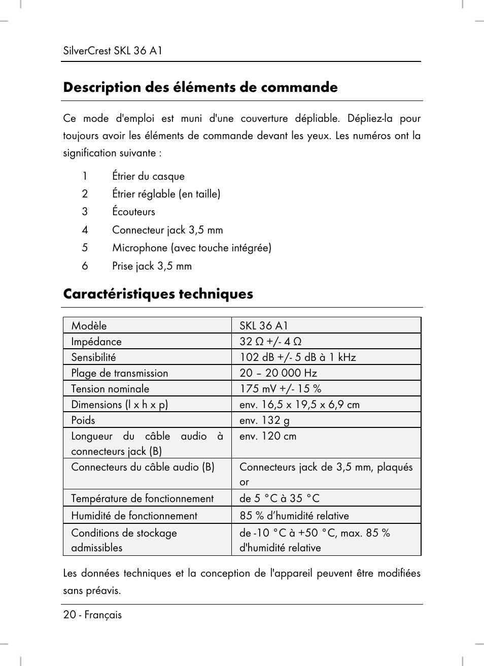Description des éléments de commande, Caractéristiques techniques | Silvercrest SKL 36 A1 User Manual | Page 22 / 66