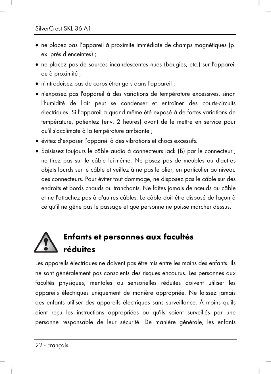 Enfants et personnes aux facultés réduites | Silvercrest SKL 36 A1 User Manual | Page 24 / 66