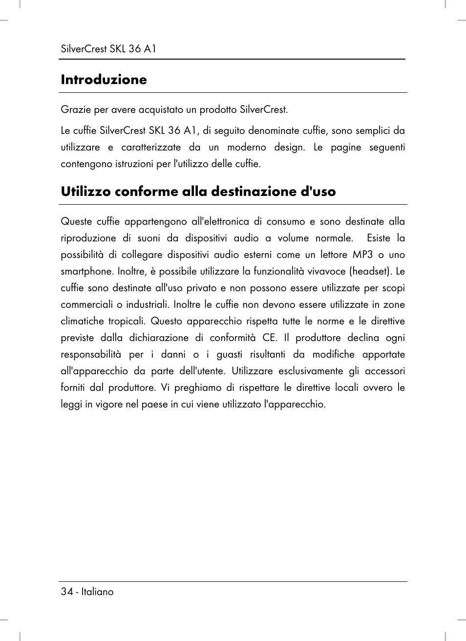 Introduzione, Utilizzo conforme alla destinazione d'uso | Silvercrest SKL 36 A1 User Manual | Page 36 / 66