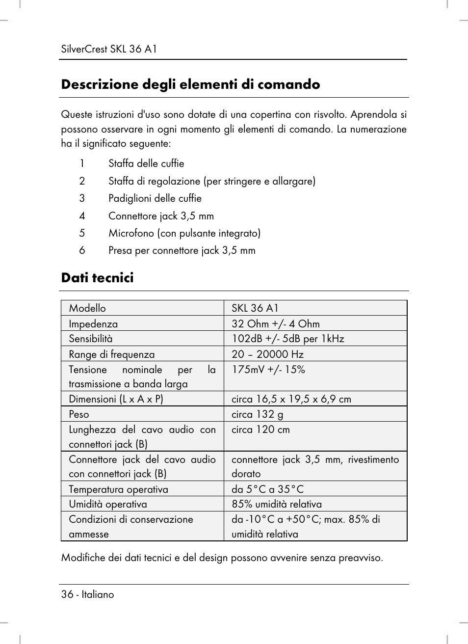 Descrizione degli elementi di comando, Dati tecnici | Silvercrest SKL 36 A1 User Manual | Page 38 / 66