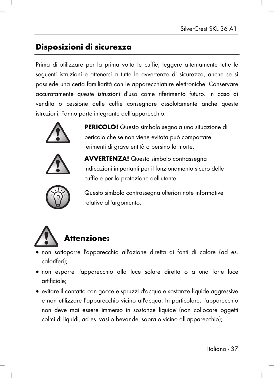Disposizioni di sicurezza, Attenzione | Silvercrest SKL 36 A1 User Manual | Page 39 / 66