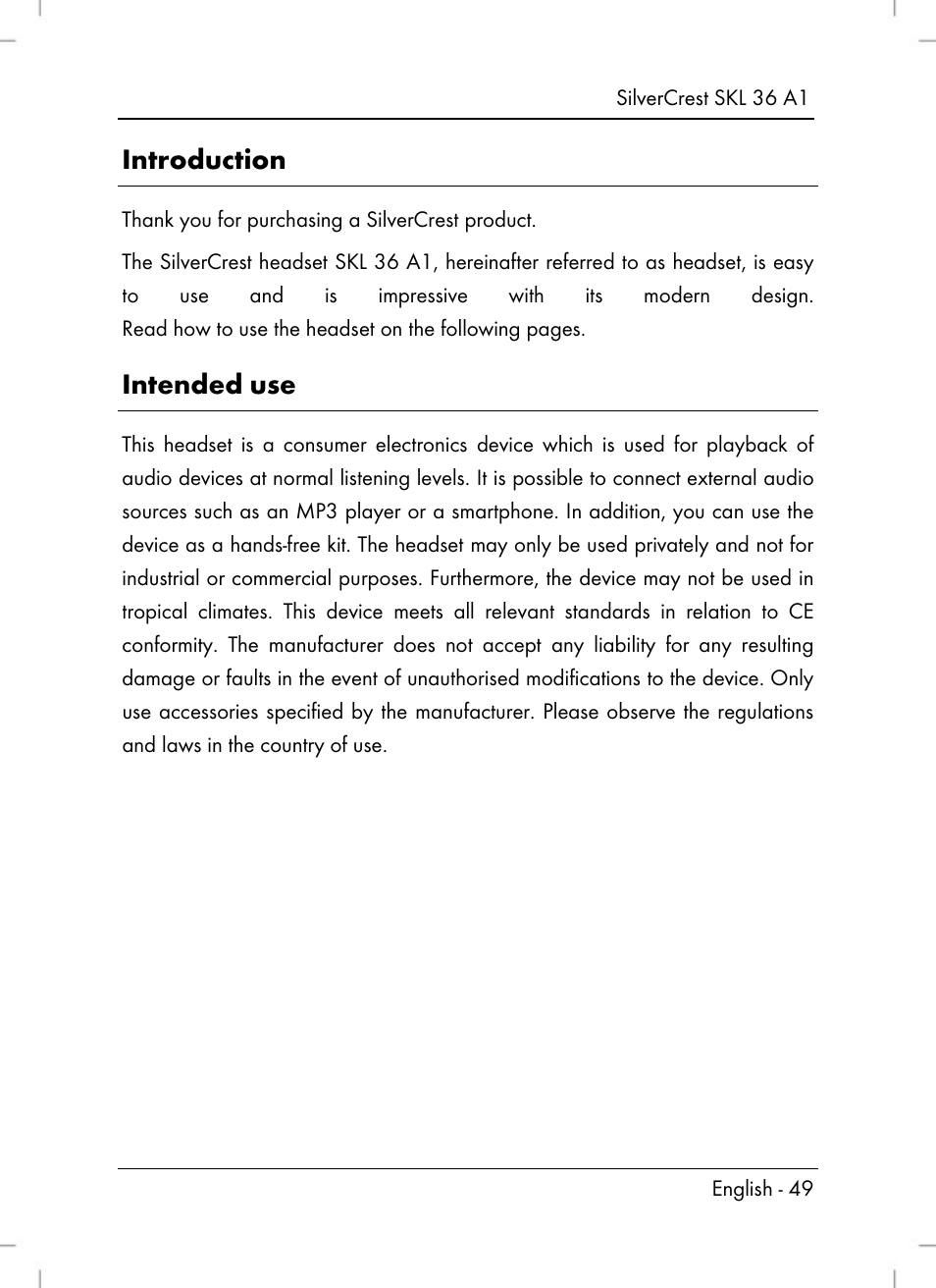 Introduction, Intended use | Silvercrest SKL 36 A1 User Manual | Page 51 / 66