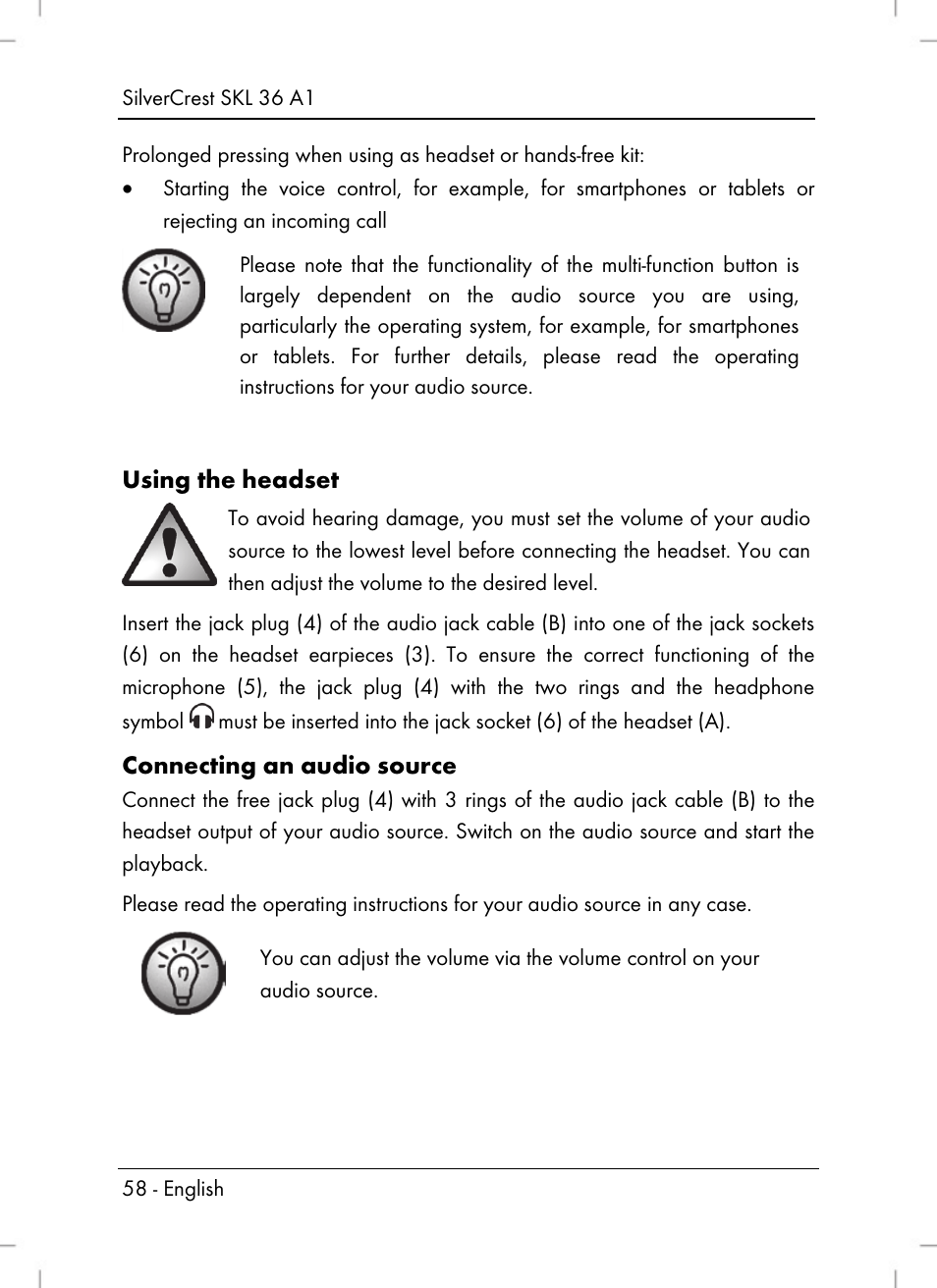 Using the headset, Connecting an audio source | Silvercrest SKL 36 A1 User Manual | Page 60 / 66
