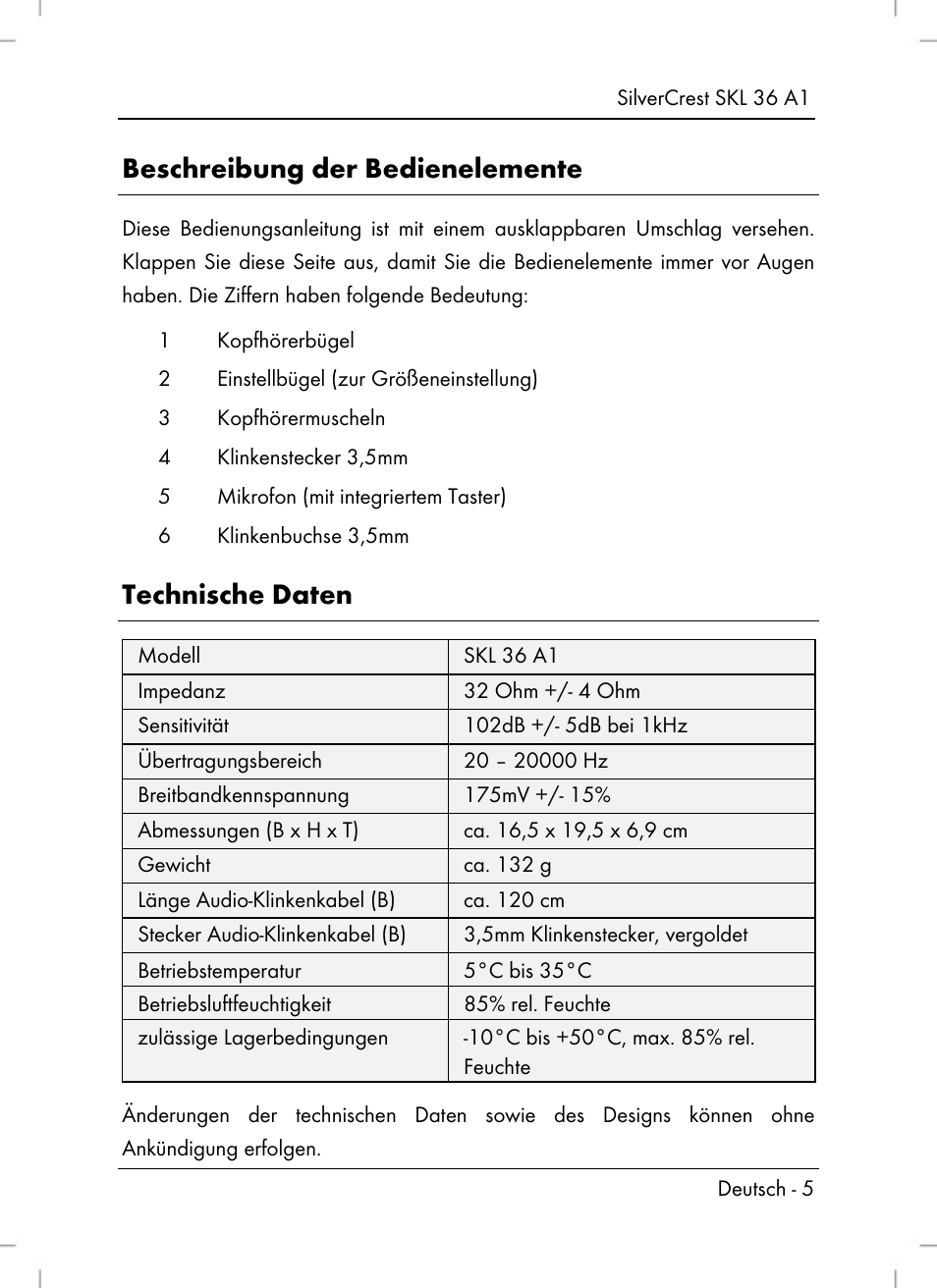 Beschreibung der bedienelemente, Technische daten | Silvercrest SKL 36 A1 User Manual | Page 7 / 66