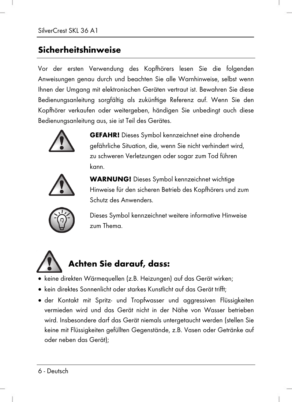 Sicherheitshinweise, Achten sie darauf, dass | Silvercrest SKL 36 A1 User Manual | Page 8 / 66