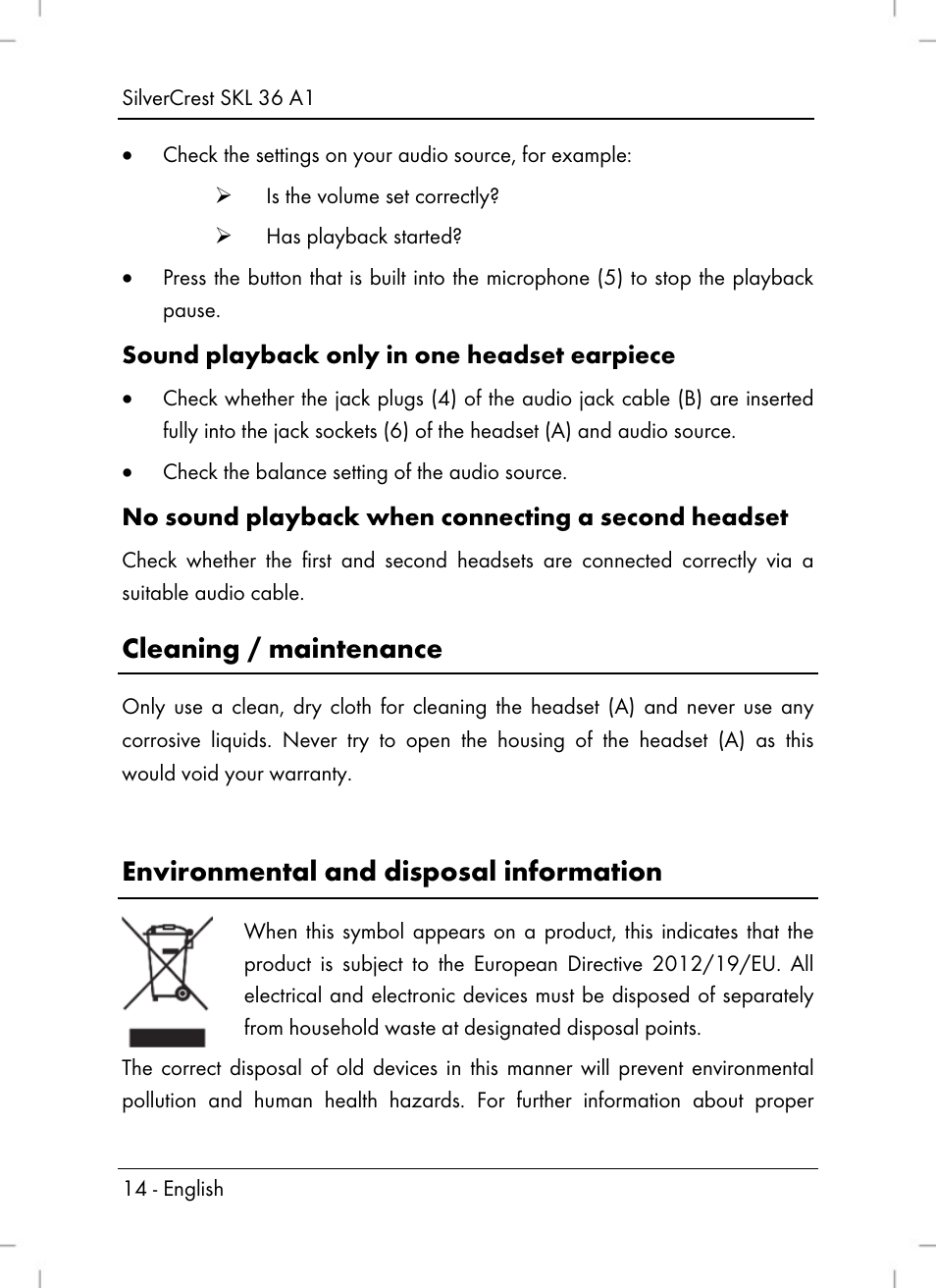 Cleaning / maintenance, Environmental and disposal information | Silvercrest SKL 36 A1 User Manual | Page 16 / 80