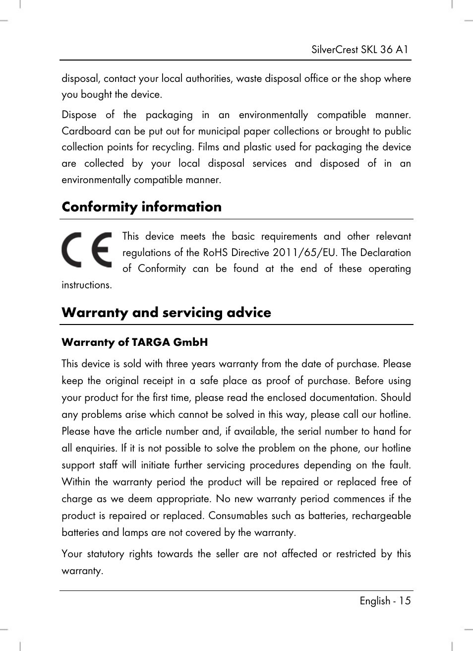 Conformity information, Warranty and servicing advice | Silvercrest SKL 36 A1 User Manual | Page 17 / 80