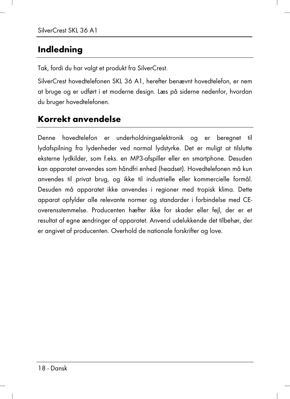 Indledning, Korrekt anvendelse | Silvercrest SKL 36 A1 User Manual | Page 20 / 80