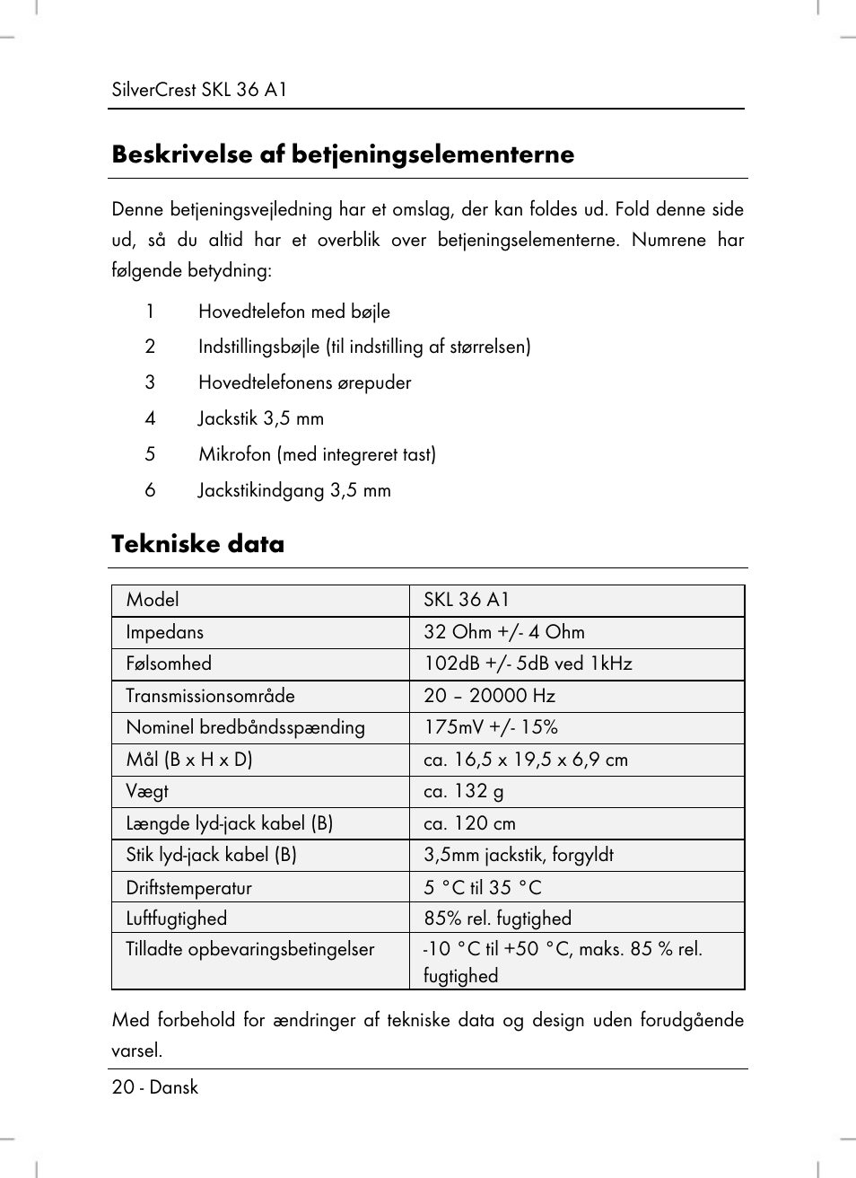 Beskrivelse af betjeningselementerne, Tekniske data | Silvercrest SKL 36 A1 User Manual | Page 22 / 80