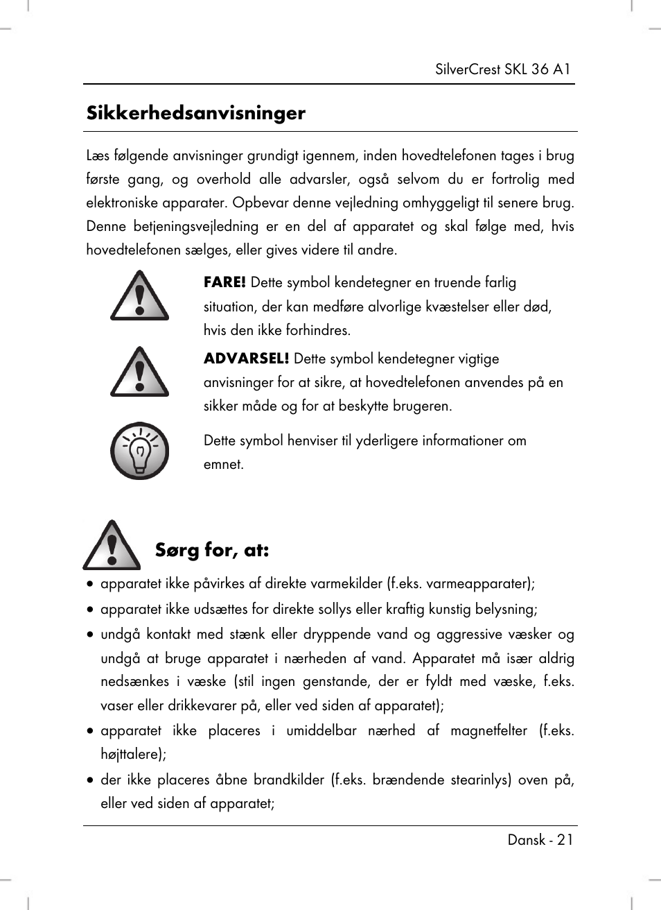 Sikkerhedsanvisninger, Sørg for, at | Silvercrest SKL 36 A1 User Manual | Page 23 / 80