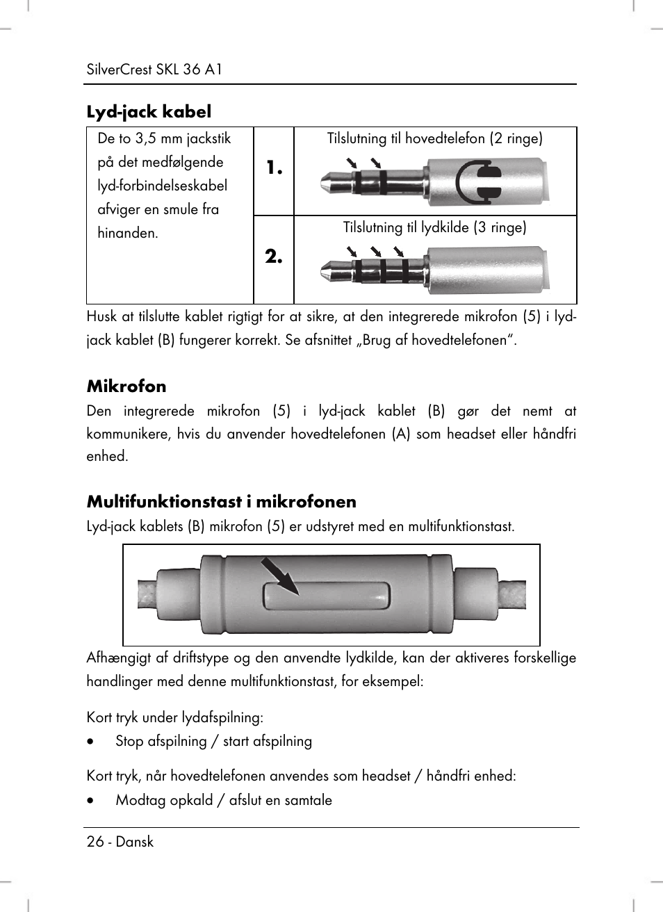 Lyd-jack kabel, Mikrofon, Multifunktionstast i mikrofonen | Silvercrest SKL 36 A1 User Manual | Page 28 / 80