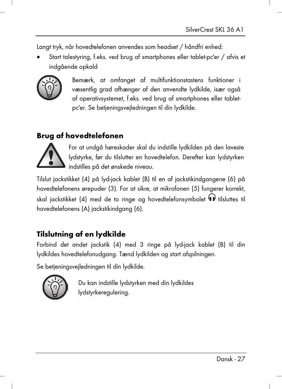 Brug af hovedtelefonen, Tilslutning af en lydkilde | Silvercrest SKL 36 A1 User Manual | Page 29 / 80