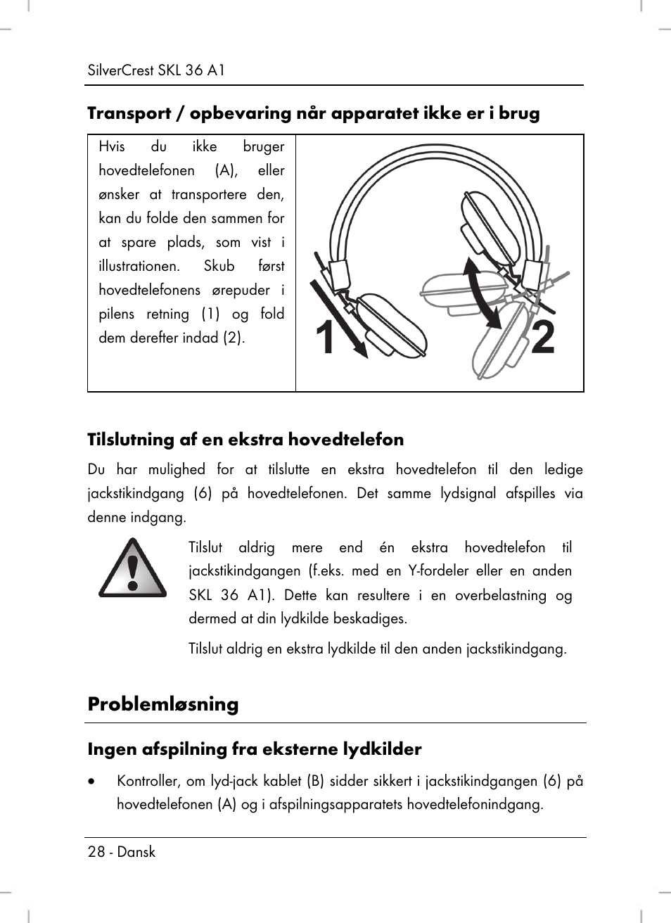 Problemløsning, Tilslutning af en ekstra hovedtelefon, Ingen afspilning fra eksterne lydkilder | Silvercrest SKL 36 A1 User Manual | Page 30 / 80