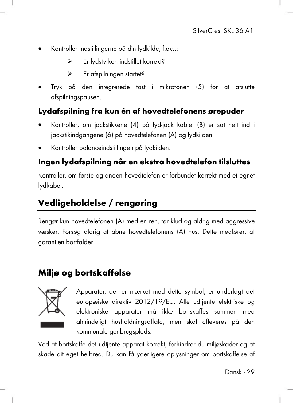 Vedligeholdelse / rengøring, Miljø og bortskaffelse | Silvercrest SKL 36 A1 User Manual | Page 31 / 80