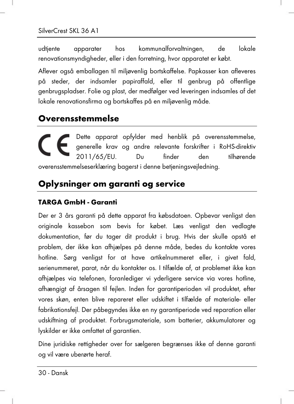 Overensstemmelse, Oplysninger om garanti og service | Silvercrest SKL 36 A1 User Manual | Page 32 / 80