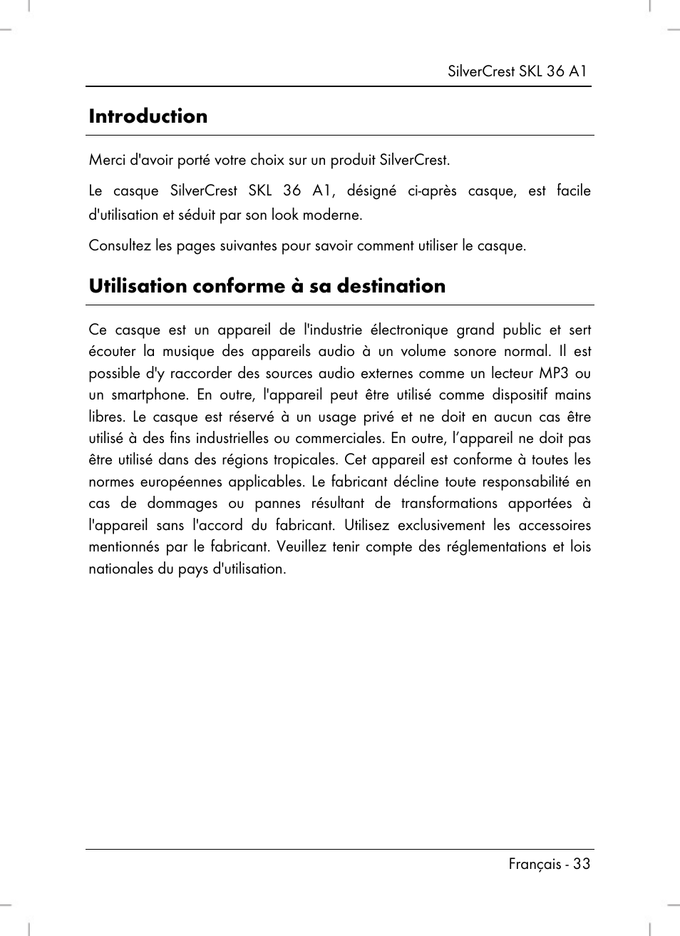 Introduction, Utilisation conforme à sa destination | Silvercrest SKL 36 A1 User Manual | Page 35 / 80
