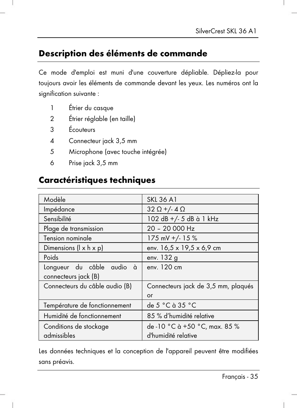 Description des éléments de commande, Caractéristiques techniques | Silvercrest SKL 36 A1 User Manual | Page 37 / 80
