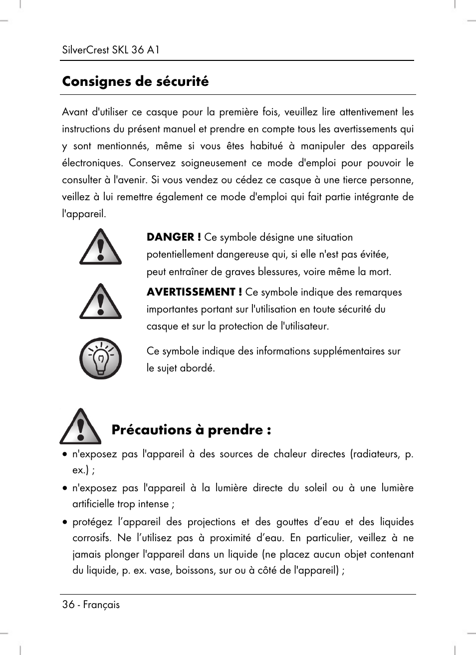 Consignes de sécurité, Précautions à prendre | Silvercrest SKL 36 A1 User Manual | Page 38 / 80