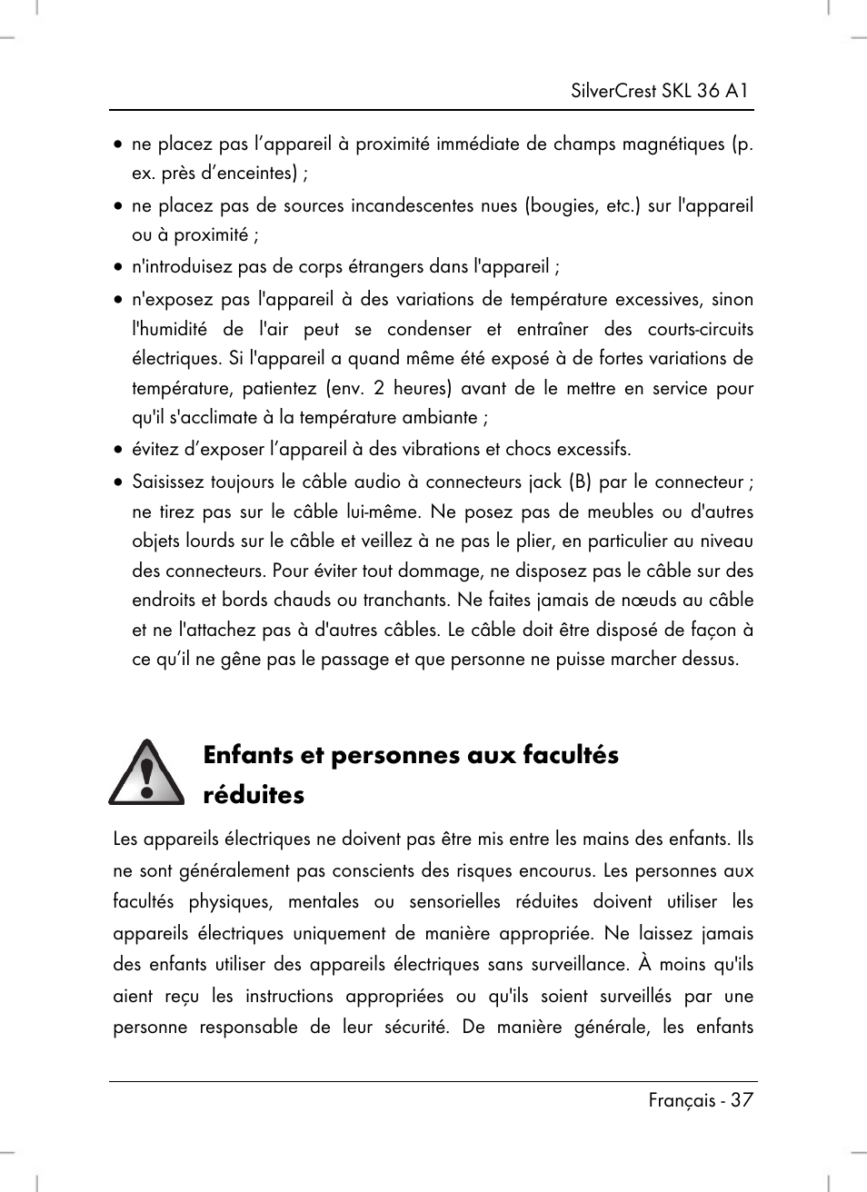 Enfants et personnes aux facultés réduites | Silvercrest SKL 36 A1 User Manual | Page 39 / 80