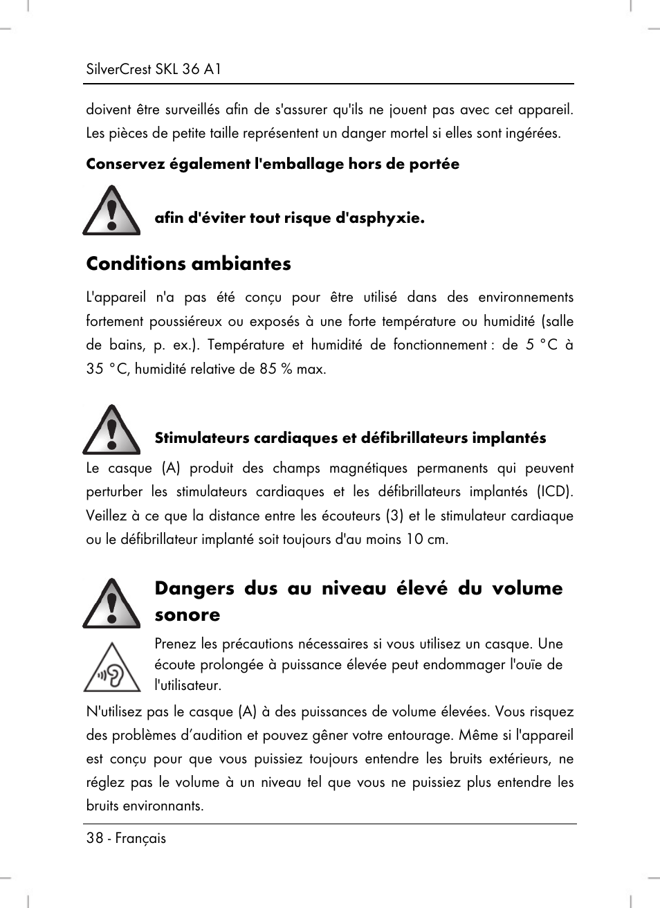 Conditions ambiantes, Dangers dus au niveau élevé du volume sonore | Silvercrest SKL 36 A1 User Manual | Page 40 / 80