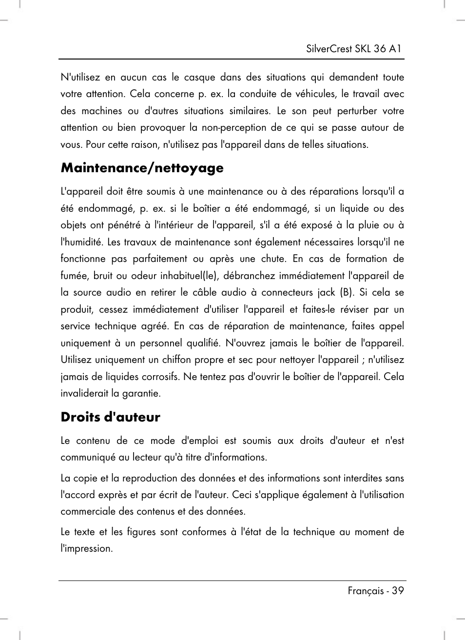 Maintenance/nettoyage, Droits d'auteur | Silvercrest SKL 36 A1 User Manual | Page 41 / 80