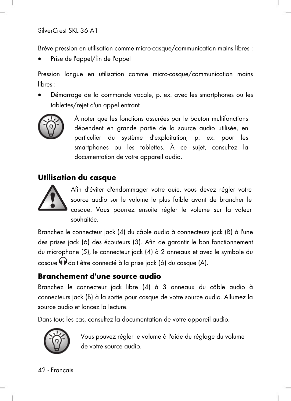 Utilisation du casque, Branchement d'une source audio | Silvercrest SKL 36 A1 User Manual | Page 44 / 80