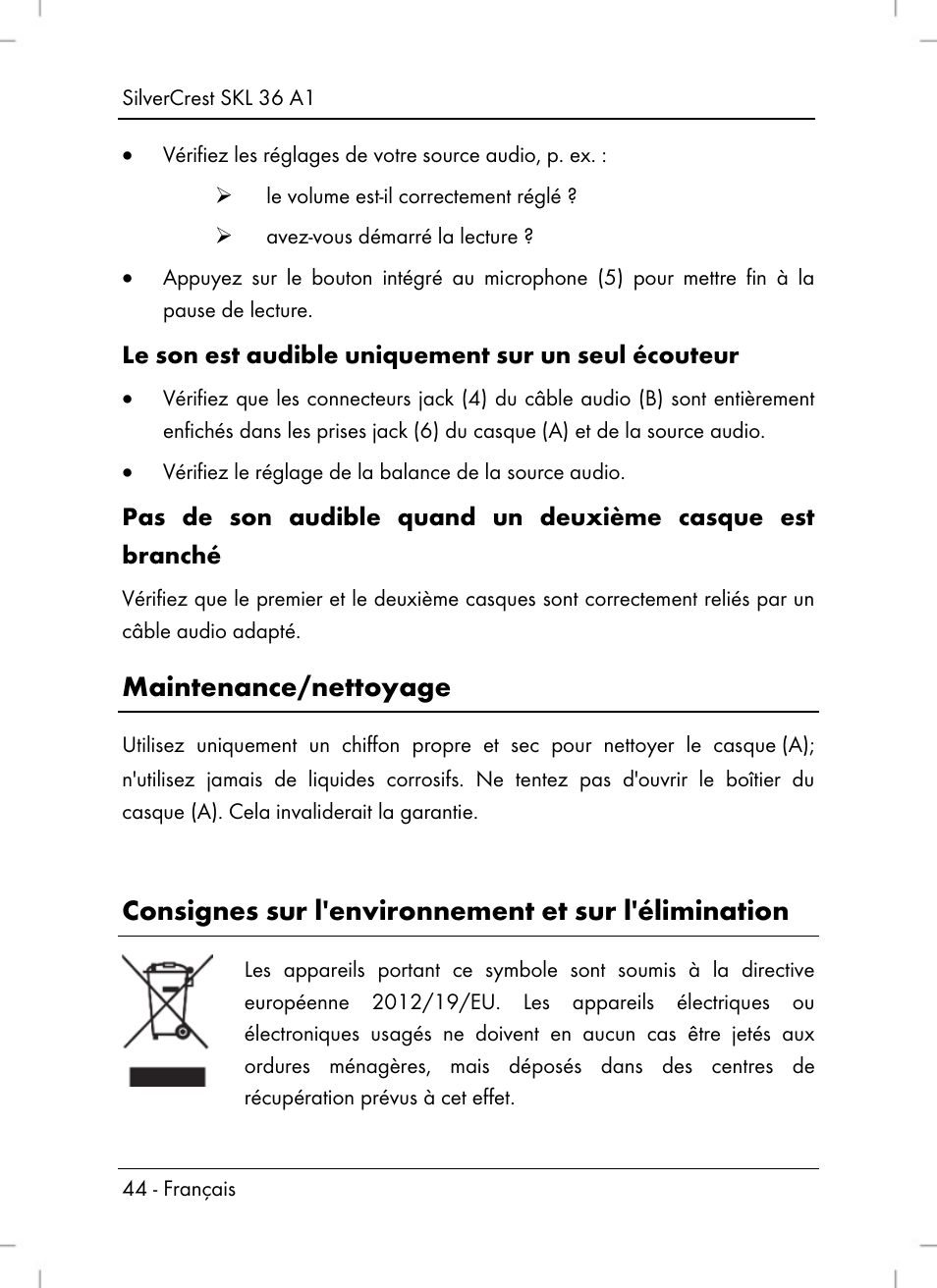 Maintenance/nettoyage, Consignes sur l'environnement et sur l'élimination | Silvercrest SKL 36 A1 User Manual | Page 46 / 80