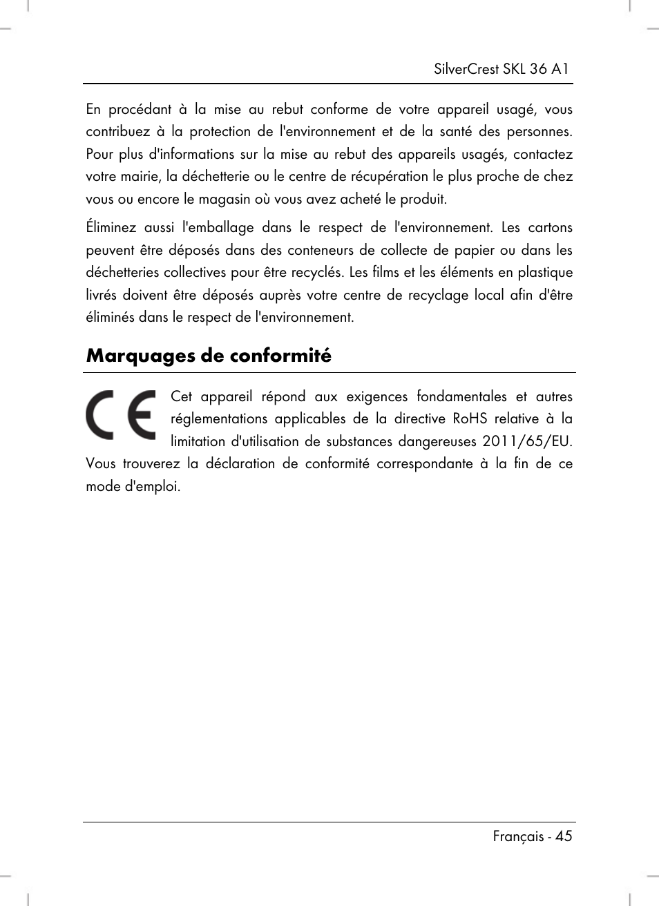 Marquages de conformité | Silvercrest SKL 36 A1 User Manual | Page 47 / 80