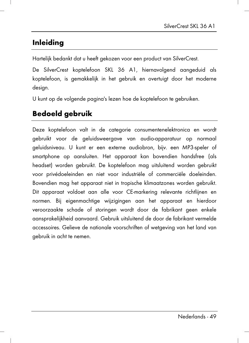 Inleiding, Bedoeld gebruik | Silvercrest SKL 36 A1 User Manual | Page 51 / 80