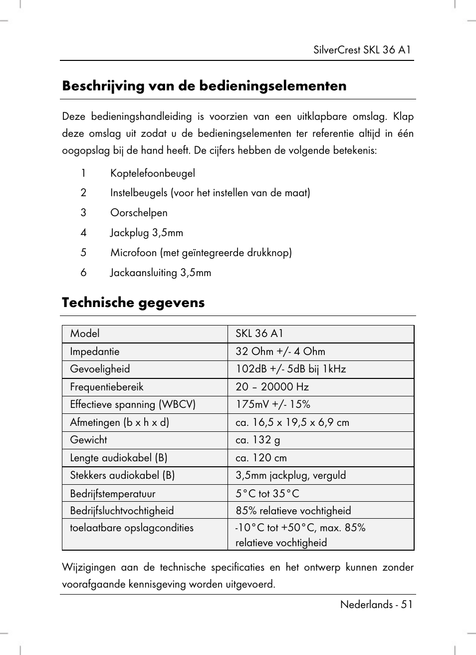 Beschrijving van de bedieningselementen, Technische gegevens | Silvercrest SKL 36 A1 User Manual | Page 53 / 80