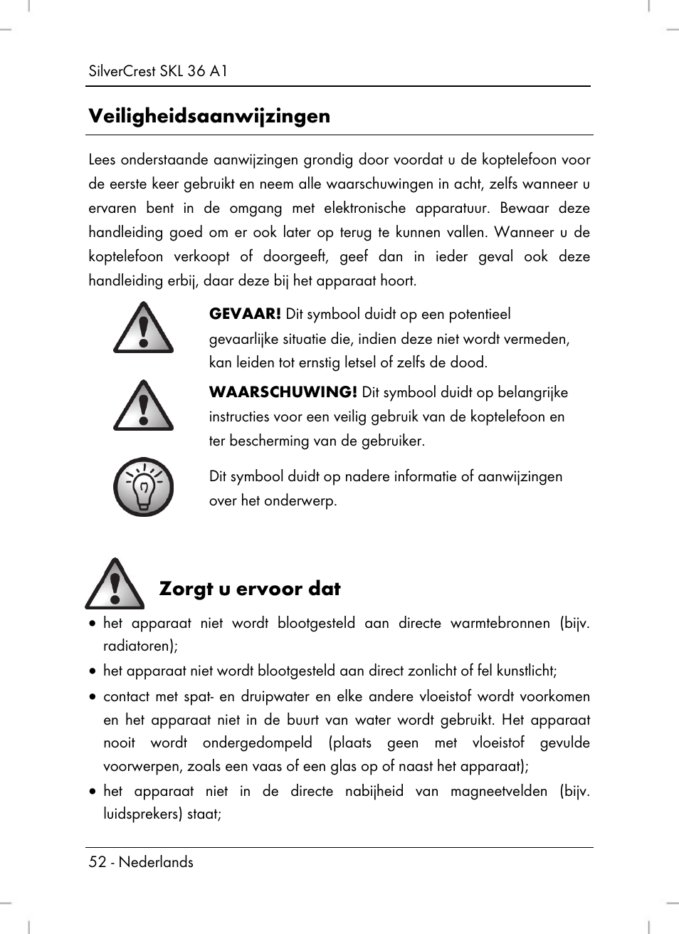 Veiligheidsaanwijzingen, Zorgt u ervoor dat | Silvercrest SKL 36 A1 User Manual | Page 54 / 80