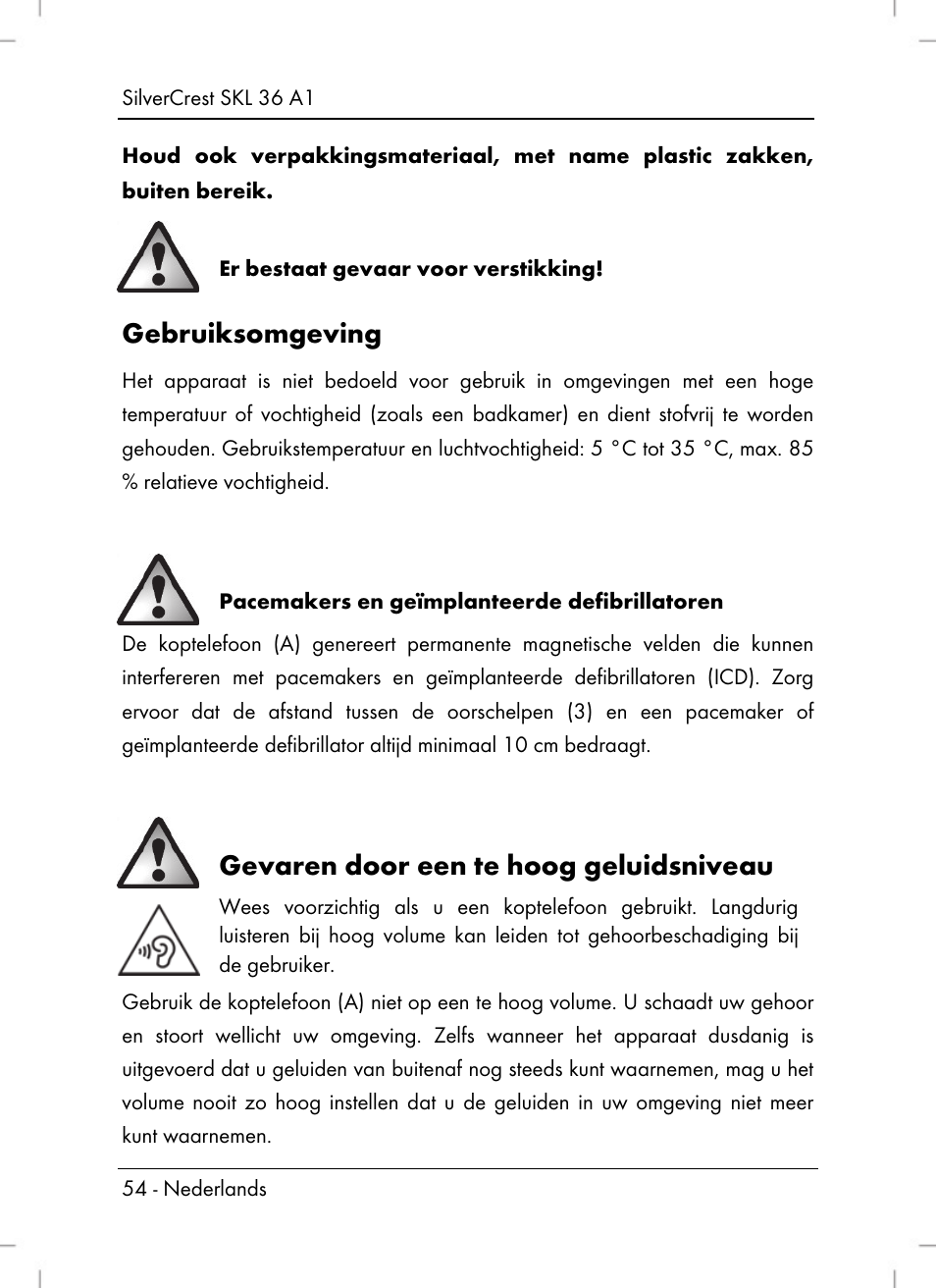 Gebruiksomgeving, Gevaren door een te hoog geluidsniveau | Silvercrest SKL 36 A1 User Manual | Page 56 / 80